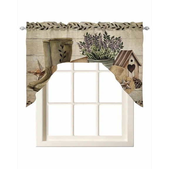 Retro Book Grass Caps Swag Valance for Window, Pine Fruit Purple Flower Shoes Wood Striped Light Filtering Swag Curtain Rod Pocket Kitchen Curtain Valance for Bedroom