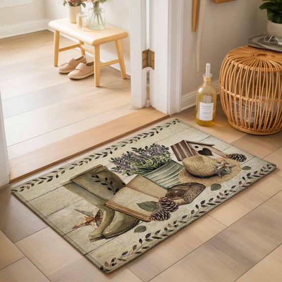 Retro Book Grass Caps Washable Small Entryway Area Rugs 2'x3', Pine Fruit Purple Flower Shoes Wood Striped Washable Throw Rug Non-Slip Sturdy Edge Binding Carpet for Front Door Floor Room Entry