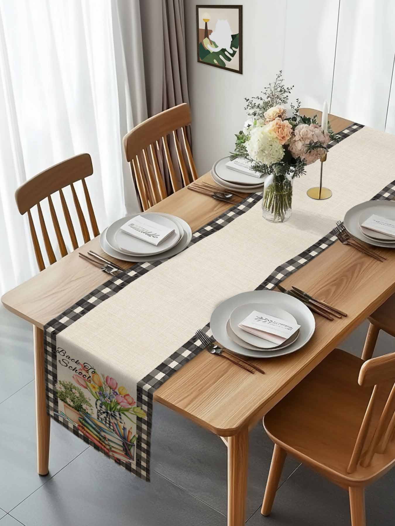 Retro Books Pencils Potted Plants Table Runner 90 Inches Long, Black Plaid on Linen Table Runners Tabletop Scarf Kitchen Dining Tables Decoration for Home Party Indoor Outdoor