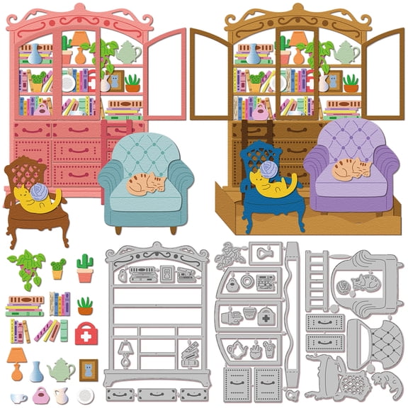 Retro Bookshelf Cutting Dies for DIY Scrapbooking Metal Sofa Cat Cut Dies oto Frames Die Cuts for Card Making Embossing oto Album Craft DecorDIY