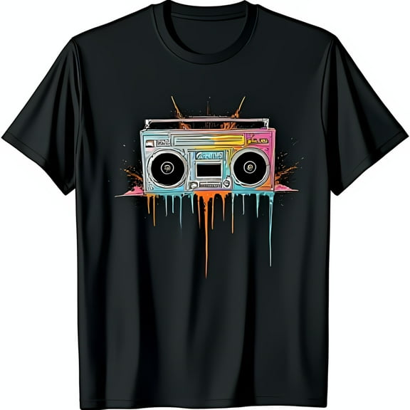 Retro Boombox Graphic Black T-Shirt Colorful Drippy Graffiti Art Design