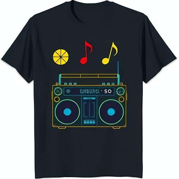 Retro Boombox Graphic Black T-Shirt with Colorful Citrus