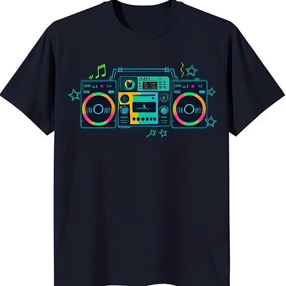 Retro Boombox Graphic on Blue T-Shirt Accents & Music Vibes
