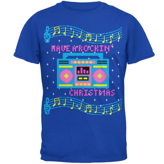 Retro Boombox Have a Rockin' Ugly Christmas Sweater Mens Soft T Shirt Royal SM