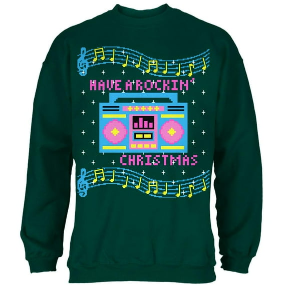 Retro Boombox Music Have a Rockin' Ugly Christmas Sweater Mens Sweatshirt Forest Green SM