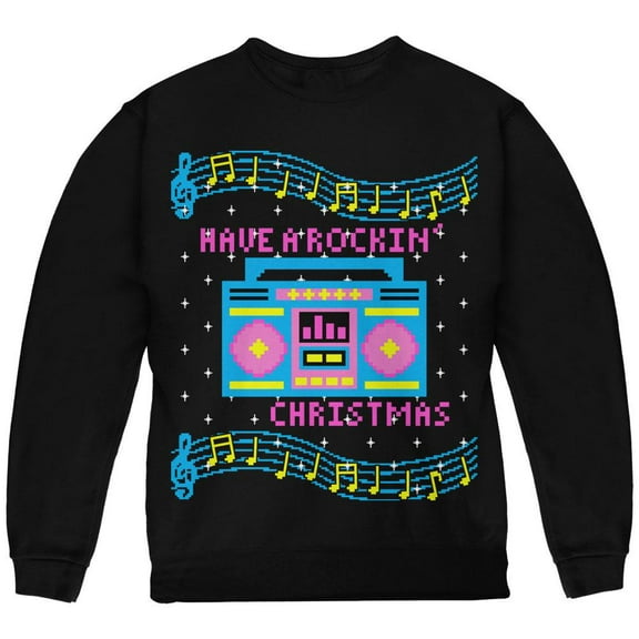 Retro Boombox Music Have a Rockin' Ugly Christmas Sweater Youth Sweatshirt Black YSM