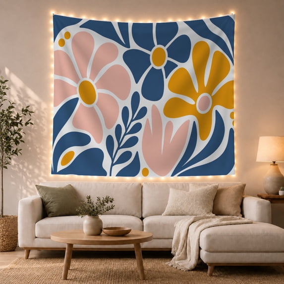 Retro Botanical Blooms on Warm Ivory Background, Playful Vintage for Flower Lovers, Abstract Floral Wall Art, Mother's Day Gift, Tapestry Wall Hanging for Bedroom and Living Room