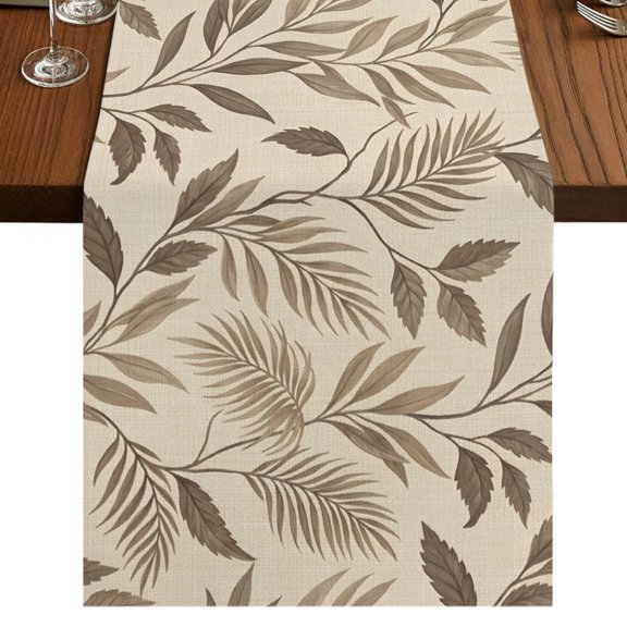 Retro Botanical Burlap Cotton Table Runner 13x36 Inches Short, Fall Natural Fern Leaves Rustic Brown Farmhouse Table Runners, Outdoor Dining Tablecloths Decor for Baby Shower/Party/Wedding