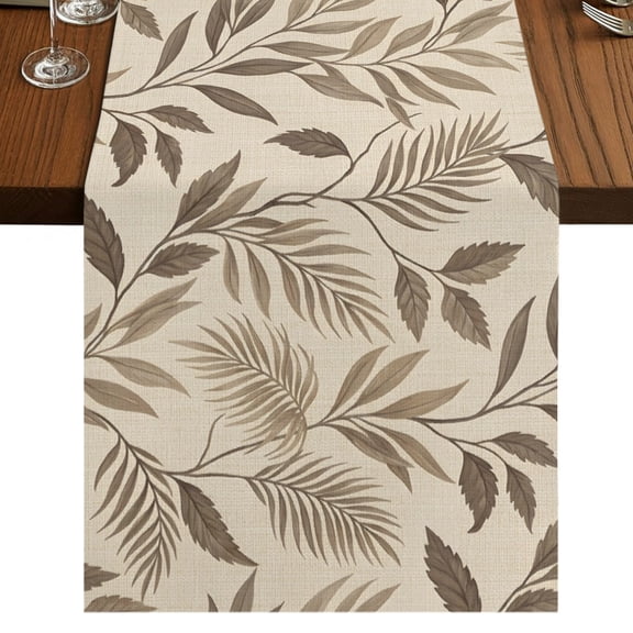 Retro Botanical Burlap Cotton Table Runner 16x72 Inches Long, Fall Natural Fern Leaves Rustic Brown Farmhouse Table Runners, Outdoor Dining Tablecloths Decor for Baby Shower/Party/Wedding