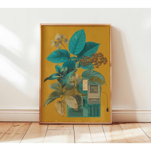 Retro Botanical Collage Wall Art Print Tech Surrealism Poster Mid Century Modern Plant Dec