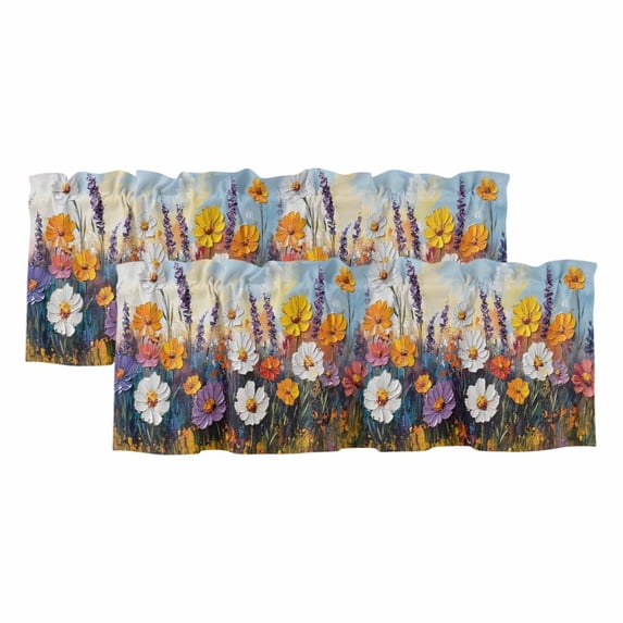 Retro Botanical Curtain Valances for Windows, Kitchen Valance Window Treatments Panel 2 Pack, Modern Oil Painting Floral Farmhouse Rod Pocket Short Curtains for Bathroom Bedroom 54 x 18 Inch