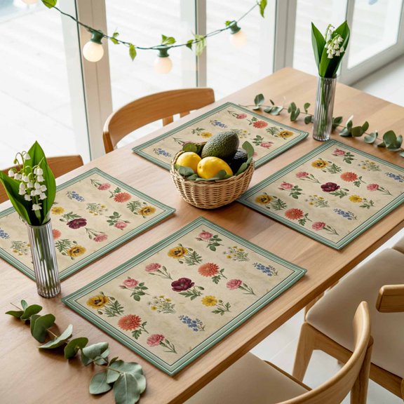 Retro Botanical Illustrations Placemats Set of 4,Wipeable Washable Table Mats for Dining Tables, Carnation Poppy Rose Daisy Place Mats for Kitchen Event Party Tabletop Decor