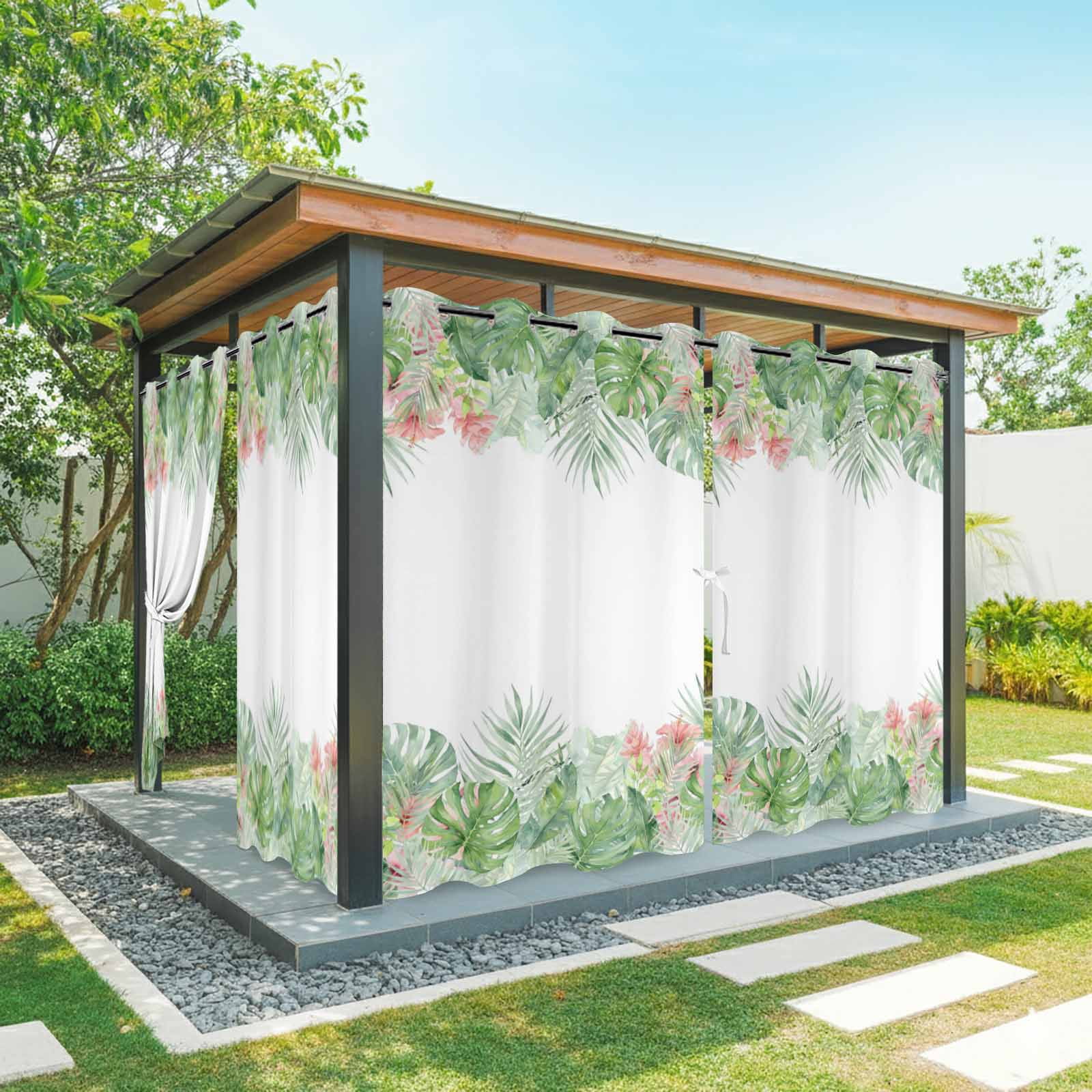Retro Botanical Outdoor Curtains for Patio, Summer Tropical Green Pink Palm Leaf Watercolor Sunshade Privacy Drapes Grommet Waterproof Outside Curtains for Porch/Cabana/Balcony 54"x 95", 1 Panel