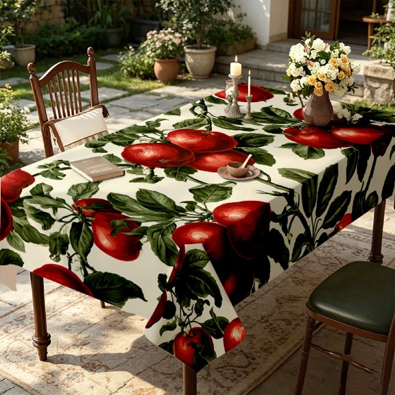Retro Botanical Red Apple Fruit Print Tablecloth, Kitchen Thanksgiving Holiday Dining Room Table Decor, Thanksgiving Christmas Gift