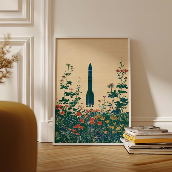Retro Botanical Rocket in Wildflower Meadow Space Nature Wall Art Decor, Unframed Canvas 24x36in
