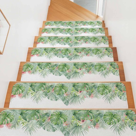Retro Botanical Stair Treads Non Slip for Steps Summer Tropical Green Pink Palm Leaf Watercolor 7 Pcs Reusable Adhesive Stair Runner Mats for Dogs Elders Carpet Treads Rugs for Staircase 8x30 In