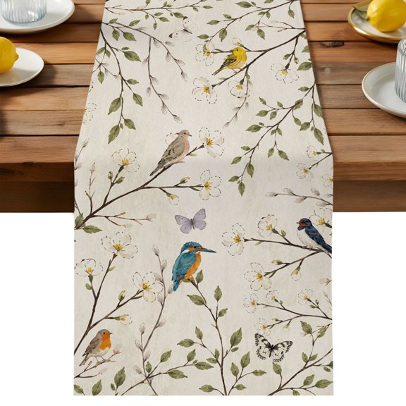 Retro Botanical Table Runner, Bird Tree Branch Twigs Green Leaf Foliage Cotton Linen Kitchen Dining Table Runner Cloth Dresser Scarf Decoration for Party Home Decor 13x36in