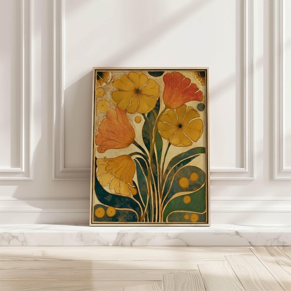 Retro Botanical Wall Art Mustard Yellow Flower , Mid-Century Modern Living Room Bedroom Decor Canvas