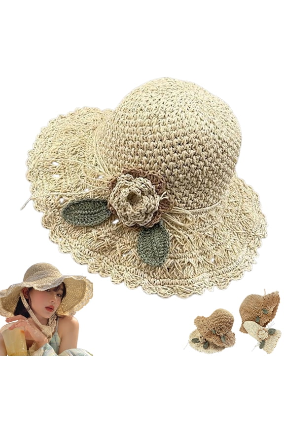 Retro Bow Straw Hat - Foldable and Breathable Travel,Elegant Crochet Straw Hat with Ruffle Detail,Summer Vintage Beach Sun Straw Bucket Hats for Women (Beige)