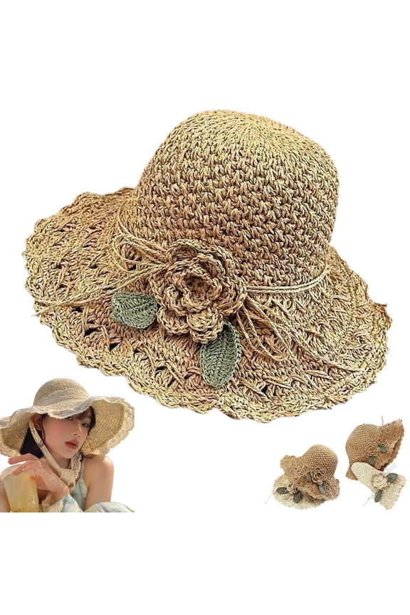 Retro Bow Straw Hat - Foldable and Breathable Travel,Elegant Crochet Straw Hat with Ruffle Detail,Summer Vintage Beach Sun Straw Bucket Hats for Women (Khaki)