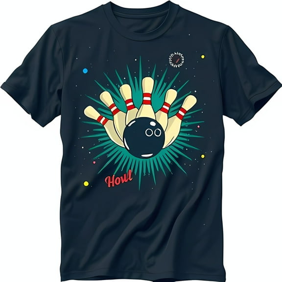 Retro Bowling Graphic T-Shirt Blue with Bowling Ball & Design 'Howl' in Red