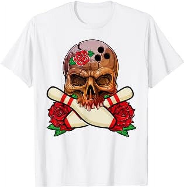 Retro Bowling Pins Skull & Rose Skeleton Head Bowling Ball TShirt
