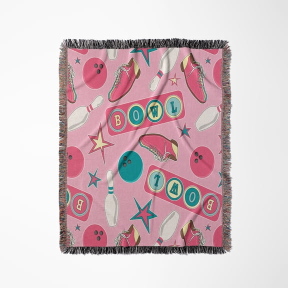 Retro Bowling Print Pink, Woven Blanket