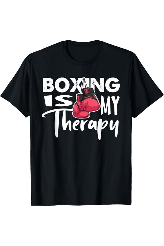 Retro Boxing Is My Therapy Graphic T-Shirt - Funny Motivational Gym Workout Tee for Men and Women - Red Boxing Gloves Fitness Apparel
