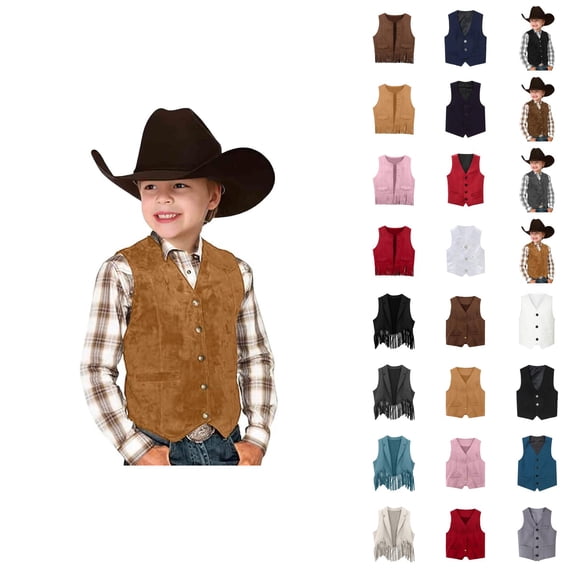 Retro Boys Cowboy Vest Suede Leather Style V Neck Casual Western Vest Vintage Waist Coat