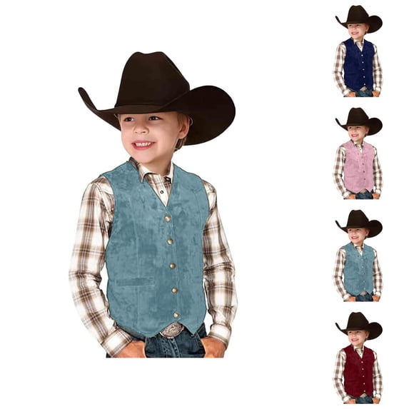 Retro Boys Cowboy Vest Suede Leather Style V Neck Button Down Slim Fit Vintage Waistcoat for Halloween Party Casual Western Wear