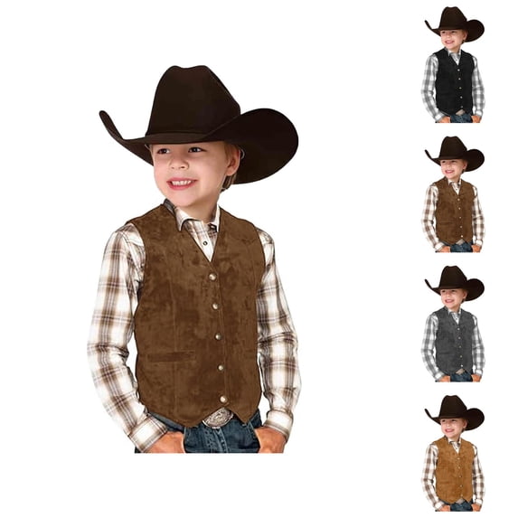 Retro Boys Cowboy Vest Suede Leather Style V Neck Casual Western Vest Vintage Waist Coat