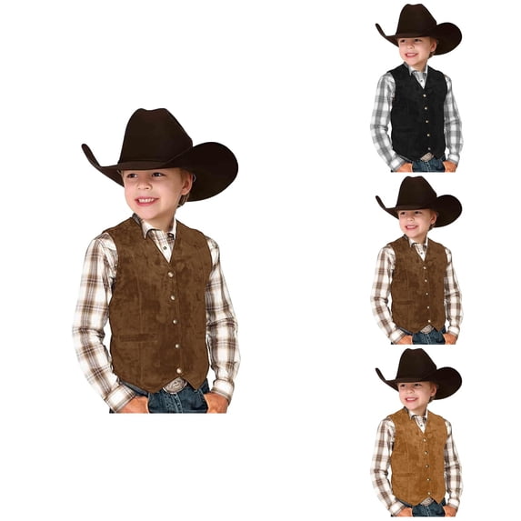 Retro Boys Cowboy Vest Vintage Suede Leather Style V Neck Western Waistcoat Casual Slim Fit Sleeveless Outerwear Waistcoat for Boys