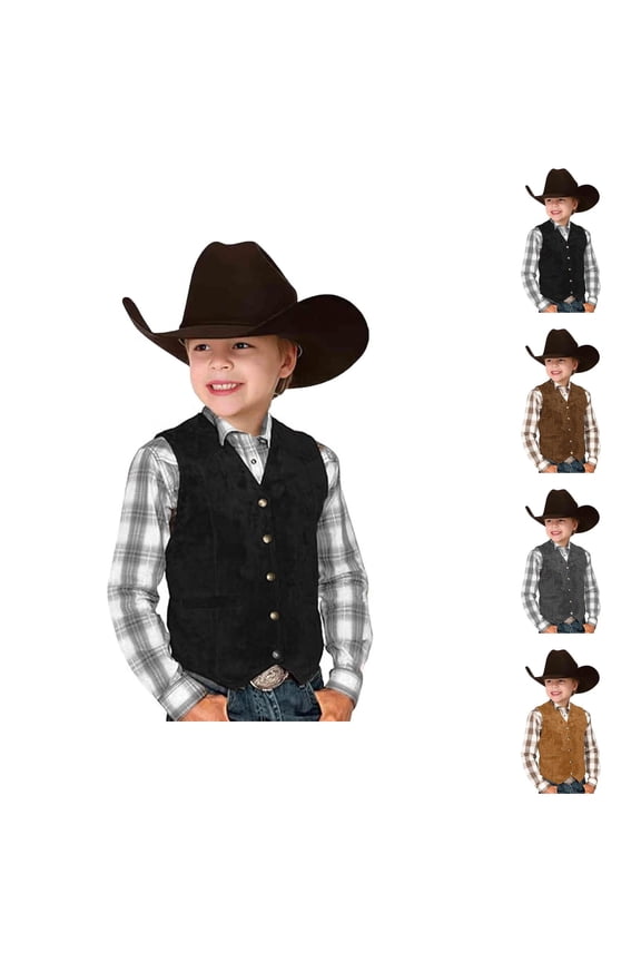 Retro Boys Cowboy Vest, Vintage Suede Leather Style V Neck Western Waistcoat, Sleeveless Slim Fit Casual Outerwear