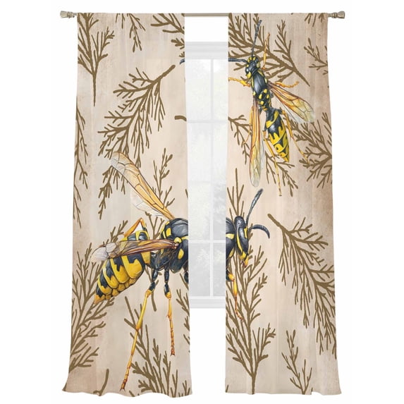 Retro Branches Sheer Curtains 2 Panels Set Hornets Insects Plants Abstract Art Sheer Window Curtains Light Filtering Rod Pocket Voile Drapes for Bedroom Living Room 52"X84"