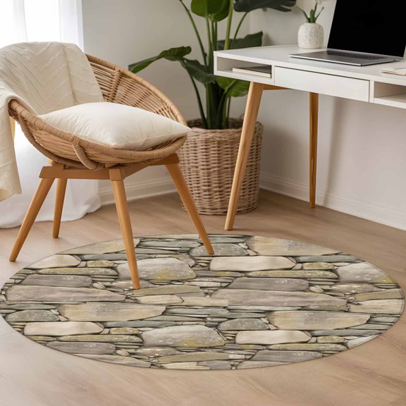 Retro Brick Stone 3.3ft Round Rug for Bedroom Reading Corner, Gray Vintage Rock Wall Rustic Washable Non Slip Circle Area Rug