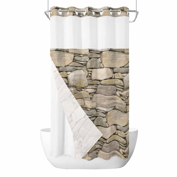 Retro Brick Stone No Hook Shower Curtain with Snap in Liner Gray Vintage Rock Wall Rustic Waterproof Bathroom Shower Curtain with See Through Top Window for Bathtub 36" x 72"