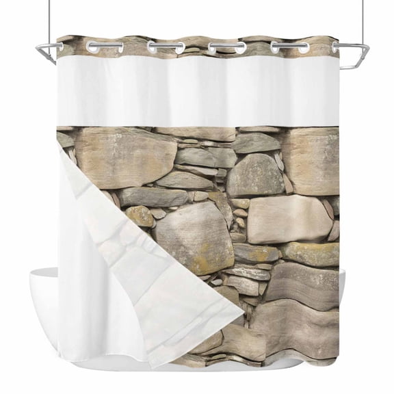 Retro Brick Stone No Hook Shower Curtain with Snap in Liner Gray Vintage Rock Wall Rustic Waterproof Bathroom Shower Curtain with See Through Top Window for Bathtub 72" x 72"