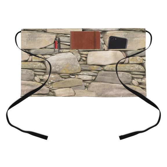 Retro Brick Stone Kitchen Restaurant Half Waist Apron, Gray Vintage Rock Wall Rustic Server Short Apron with 3 Pockets Waterproof Oil Waist Aprons for Women Waitress Waiter