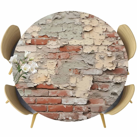 Retro Brick Wall Round Tablecloth 36-44 Inch Round Fitted Table Cloth with Elastic Edge, Vintage Shabby Chic Country Scenery Waterproof Table Cover Protector for Outdoor Picnic Party Dining
