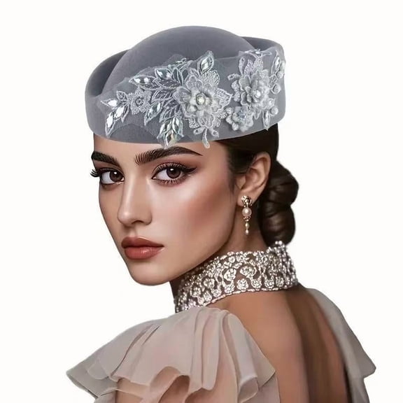 Retro British Fascinator Hat for Women Church Tea Party Felt Beret with Flowers