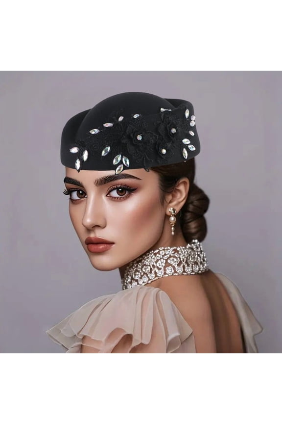 Retro British Fascinator Hat for Women Church Tea Party Felt Beret with Flowers