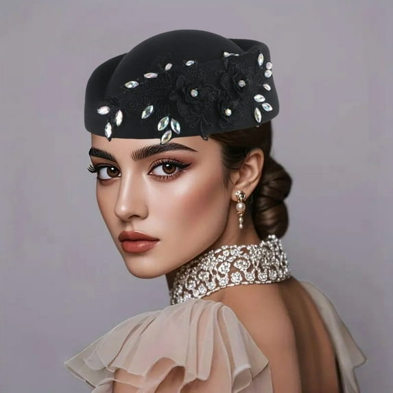 Retro British Fascinator Hat for Women Church Tea Party Felt Beret with Flowers