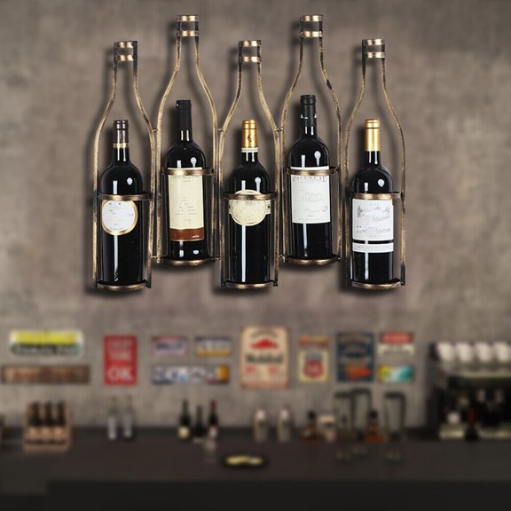 Retro Bronze Wall Mounted Wine Rack Bar 5 Bottles Holder Storage Display Shelf
