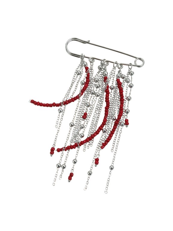 Retro Brooch Pin with Red Bead Accent and Flowing Tassels Detail Multi Chain Detail Alloy Corsage Stylish Enhancement