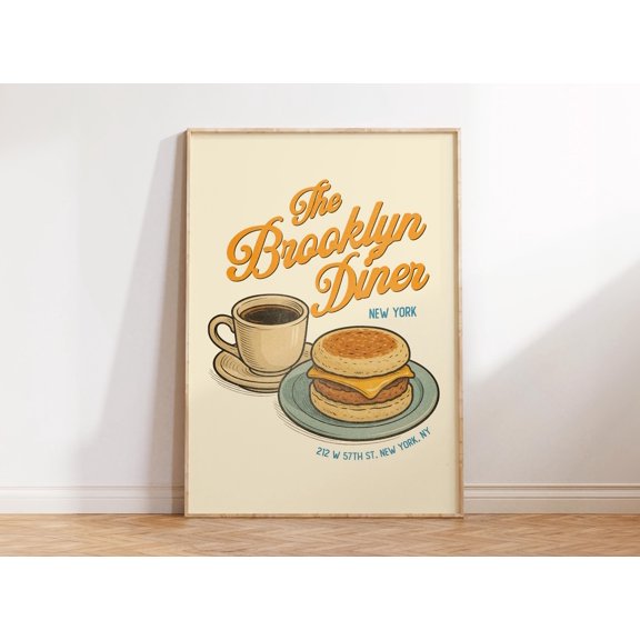 Retro Brooklyn Dinner Poster Breakfast Retro Kitchen Wall Art Vintage Food Art Kitchen Dining Room Food , Poster Print Only