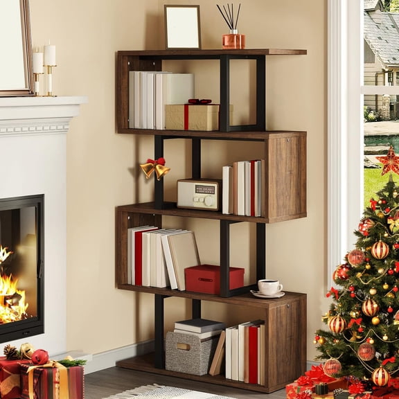 Retro Brown 5-Tier S-Shaped Z-Bookshelf, Industrial Freestanding Multifunctional Decorative Storage Shelving For Living Room Home Office