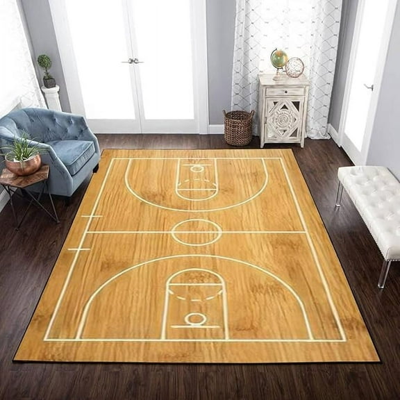 Retro Brown Basketball Court Area Rug, Abstract Hobby Sports Basketball Court Indoor Non-Slip Kids Rugs, Washable Breathable Durable Carpet For Front Entrance Floor Decor 5 x 8ft