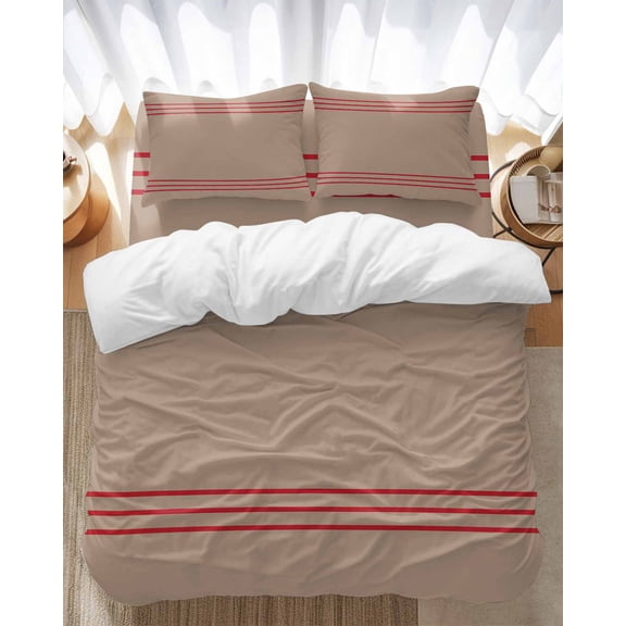Retro Brown Bedding Duvet Cover Set Queen Size 4 Pieces Beckground Red Stripes Soft Twill Plush Quilt Cover, Include 1 Duvet Cover 1 Flat Sheet And 2 Pillow