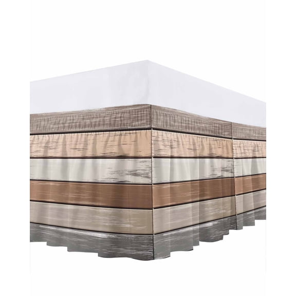 Retro Brown Beige Stripes Bed Skirt Queen Size 18" Drop Peeling Paint Effect Texture Ruffled Wrap Around Bed Skirts Adjustable Elastic Bedskirt Dust Ruffle for Queen Size Bed