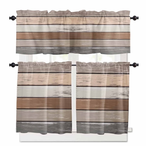 Retro Brown Beige Stripes Kitchen Curtains and Valances Set, Peeling Paint Effect Texture Rod Pocket Window Valance 18 Inch Window Curtain Panels for Living Room Bedroom Laundry, 27.5x24in, 3 Pieces